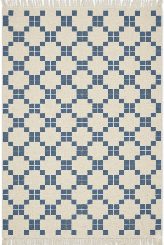 Hand-Knotted Wool Oushak Carpet, Blue And White Geometric Area Rug