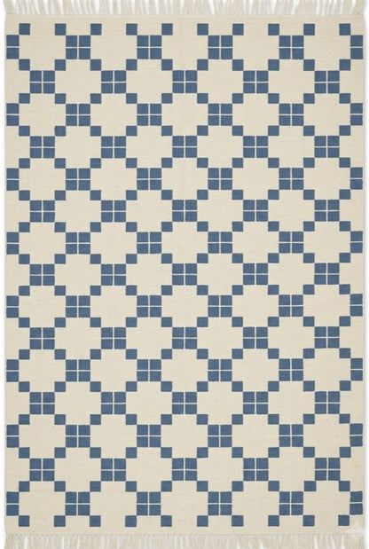Hand-Knotted Wool Oushak Carpet, Blue And White Geometric Area Rug