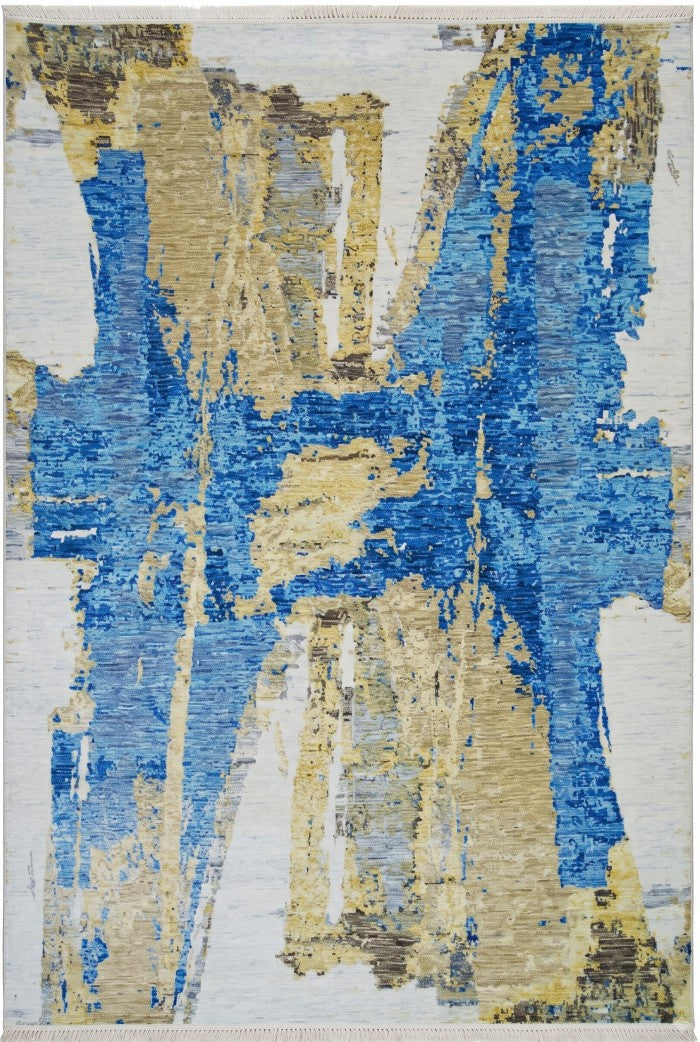 Modern Distressed Horizon Blue & Gold Wool Area Rug
