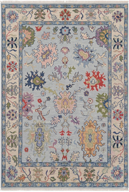 Vintage Floral Pastel Botanical Wool Hand Knotted Oushak Rug