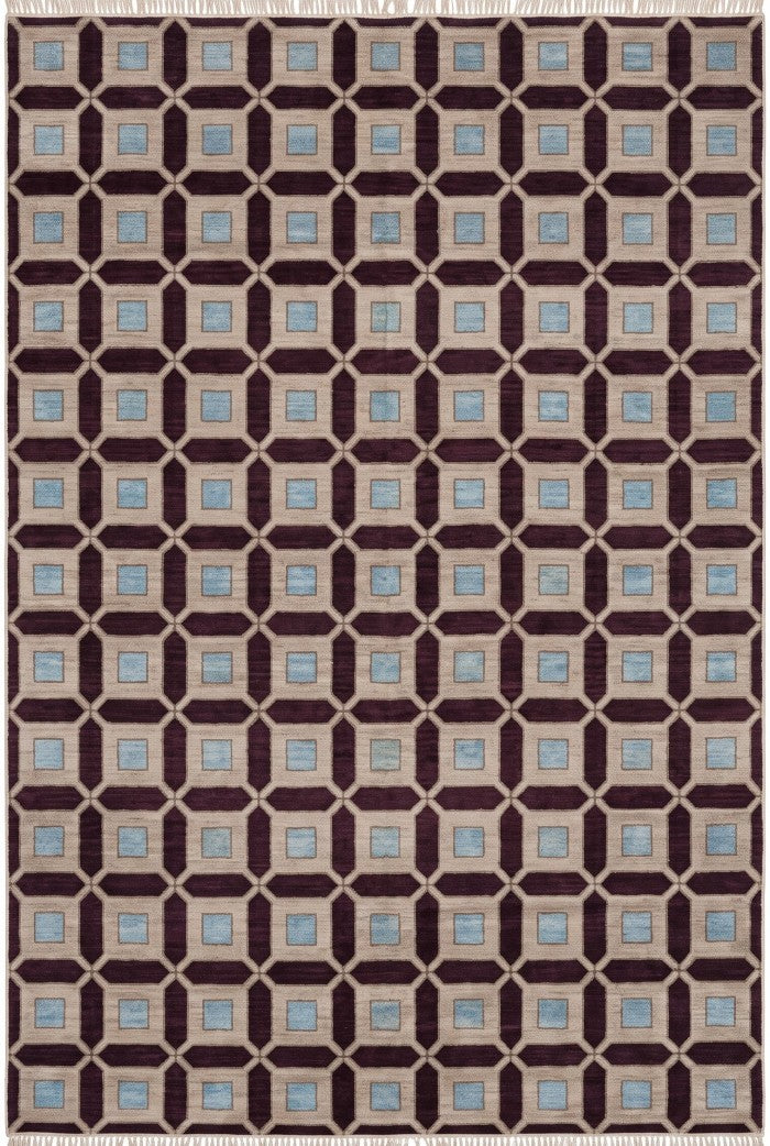 Plum & Ivory Architectural Checkered Lattice Grid Carpet for Living Room