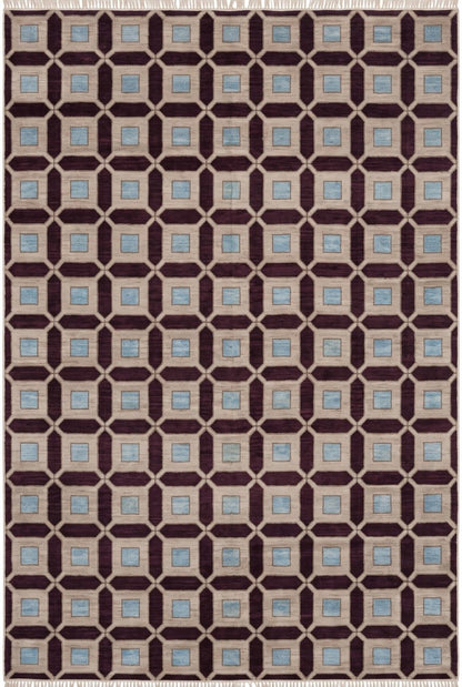 Plum & Ivory Architectural Checkered Lattice Grid Carpet for Living Room