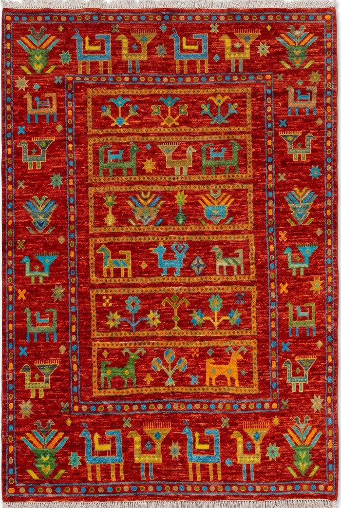 Crimson Tribal Harvest Hand Knotted Tribal Gabbeh Rug