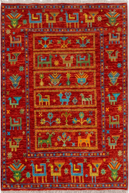 Crimson Tribal Harvest Hand Knotted Tribal Gabbeh Rug