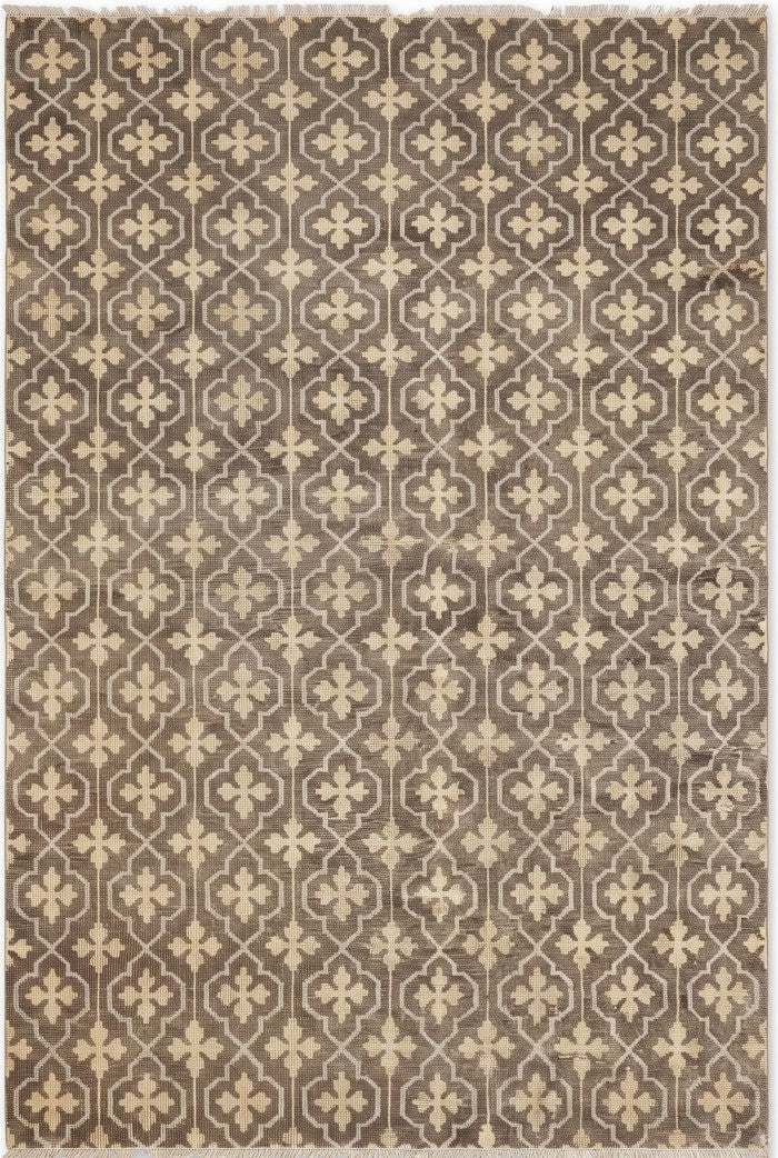 Charcoal Grey Hand Knotted Rug, Neutral Taupe & Cream Geometric Wool Area Rug