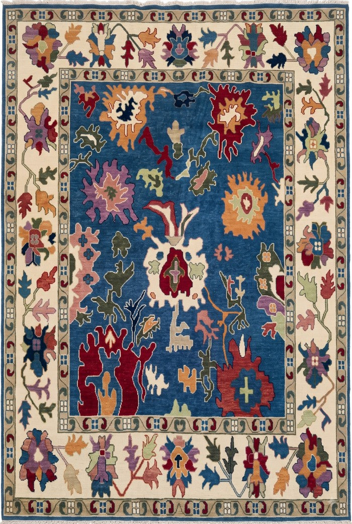 Hand Knotted Wool Oushak Rug Blue Anatolian Carpet