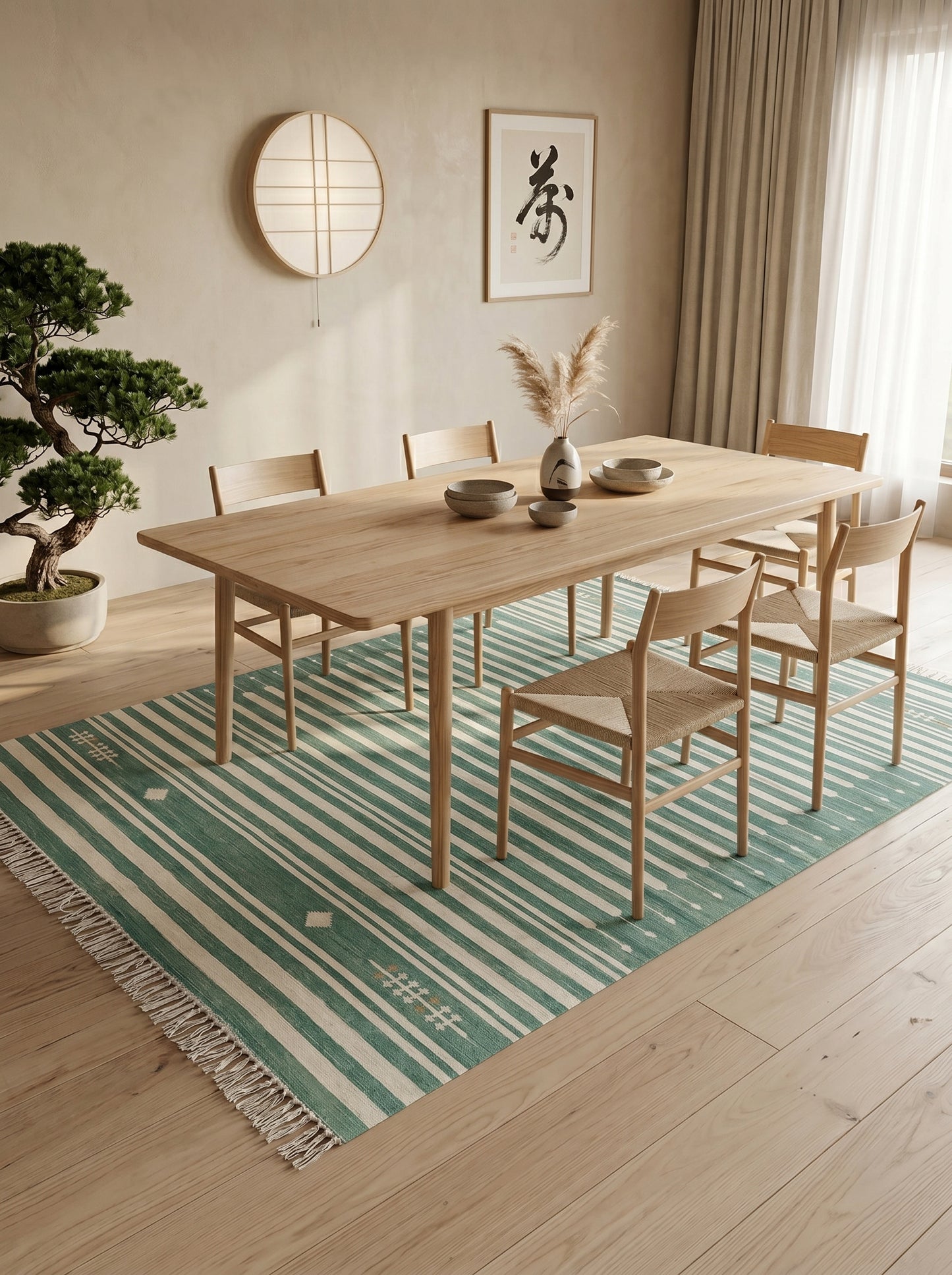 Teal Green & Ivory Horizontal Stripe Area Rug