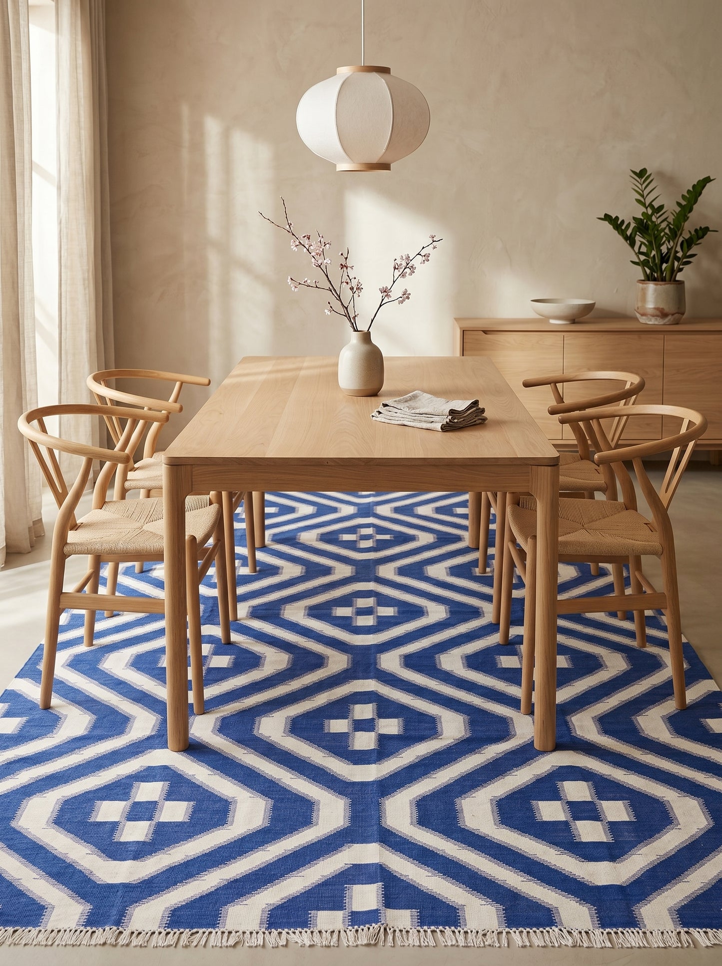 Royal Blue & White Geometric Area Rug, Southwestern Diamond Cross Kilim Dhurrie