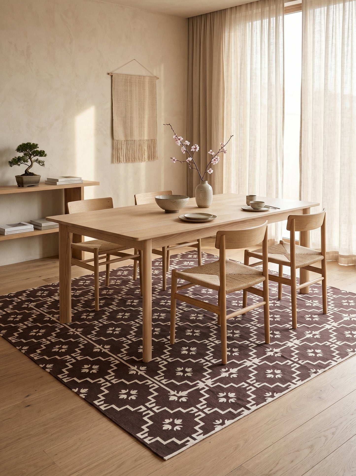 Espresso Dark Brown Geometric Area Rug, Minimalist Floral Diamond Dhurrie Rug