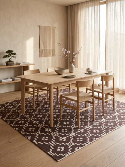 Espresso Dark Brown Geometric Area Rug, Minimalist Floral Diamond Dhurrie Rug