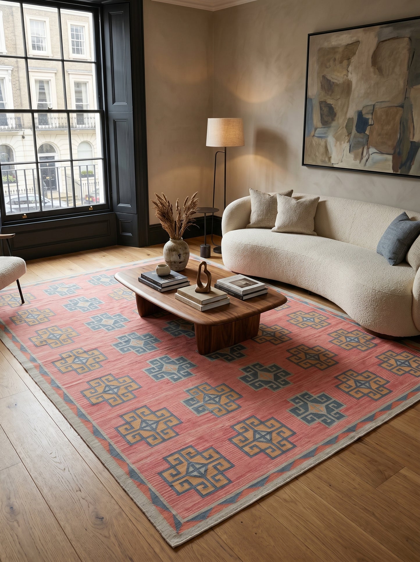 Pink Geometric Cotton Traditional Design Area Rug