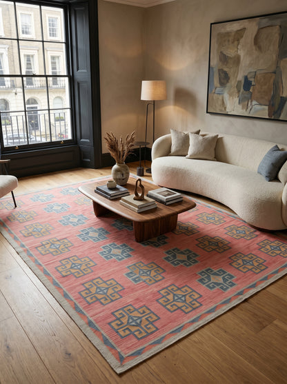 Pink Geometric Cotton Traditional Design Area Rug