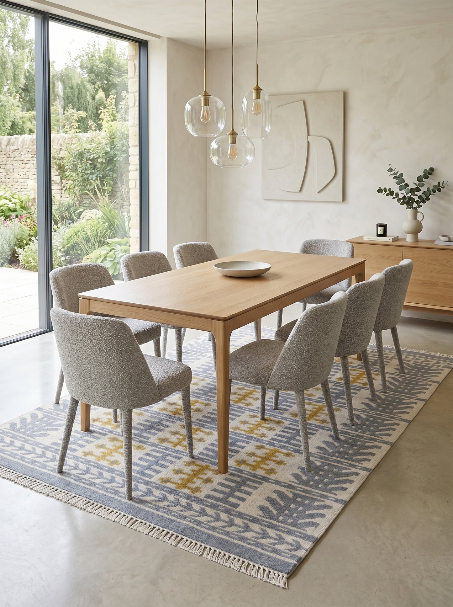 Nordic Totem Grid Modern Slate Blue & Mustard Wool Cotton Dhurrie Rug