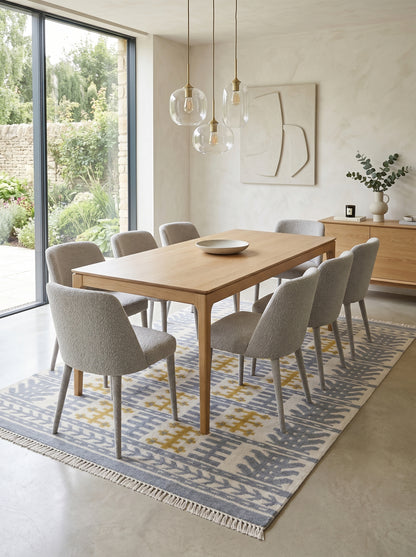 Nordic Totem Grid Modern Slate Blue & Mustard Wool Cotton Dhurrie Rug