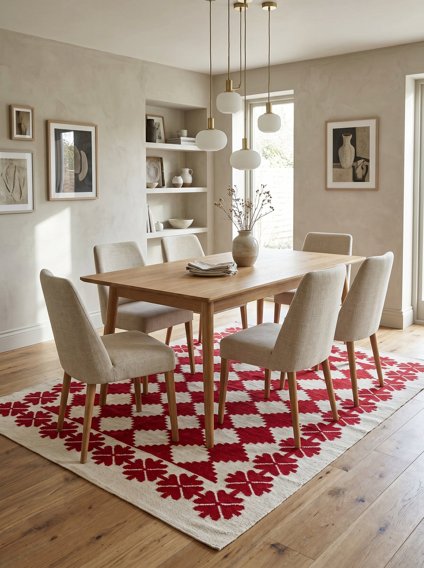 Traditional Ruby Red & Cream Wool Cotton Dhurrie Rug