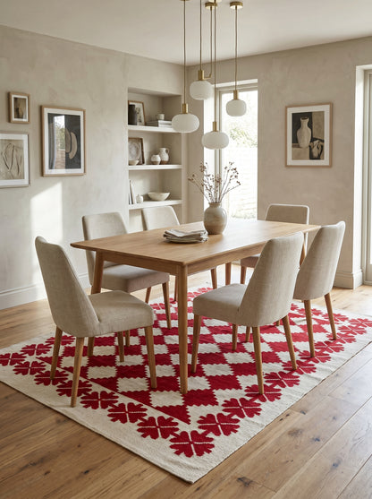 Traditional Ruby Red & Cream Wool Cotton Dhurrie Rug