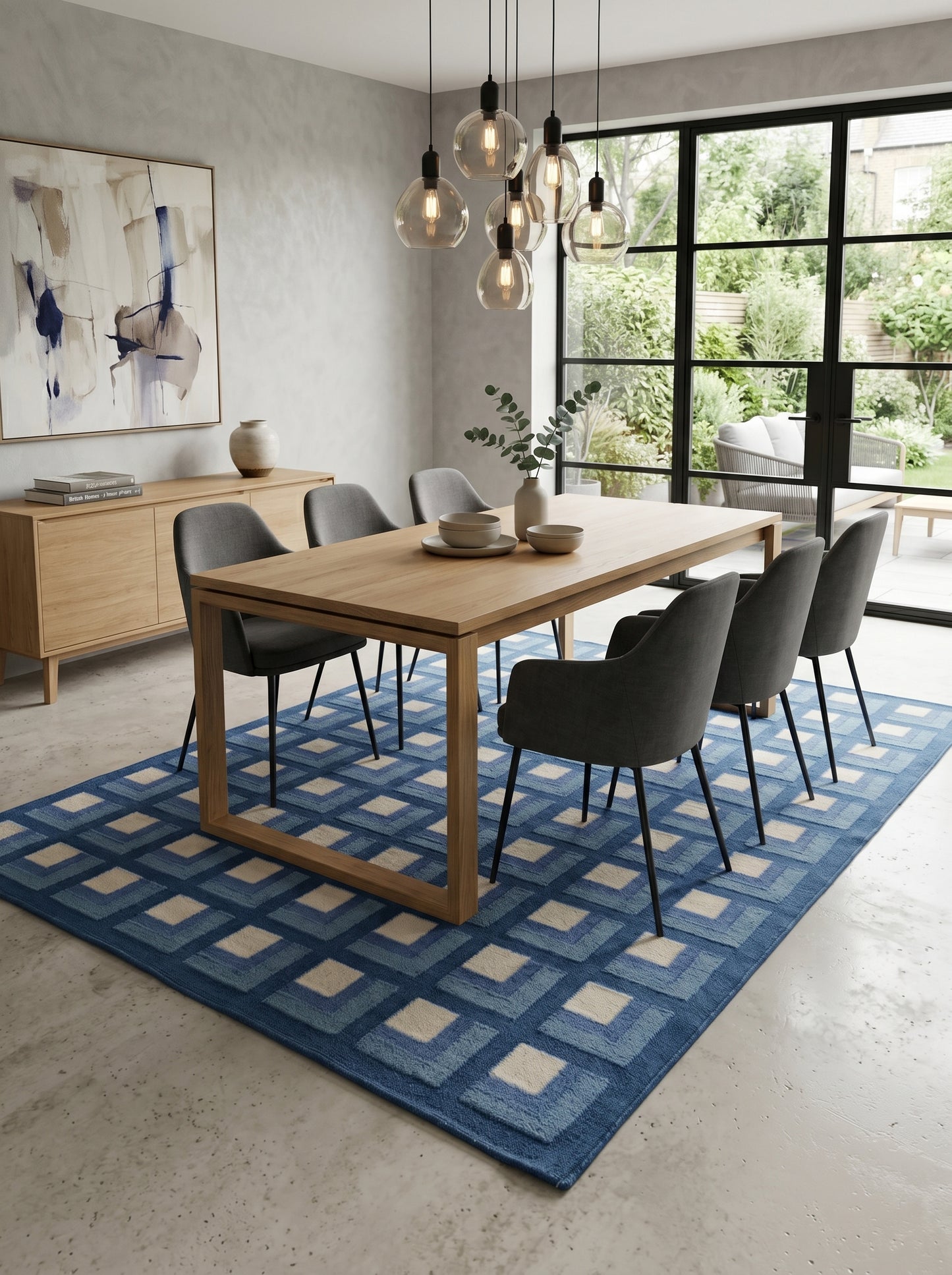 Slate Optical Cube Century Modern Blue & Cream Wool Cotton Dhurrie Rug