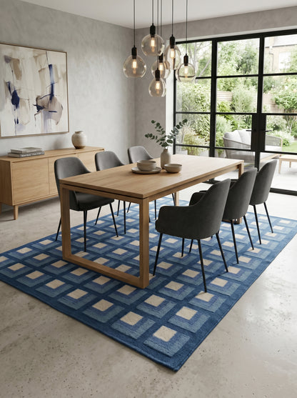 Slate Optical Cube Century Modern Blue & Cream Wool Cotton Dhurrie Rug