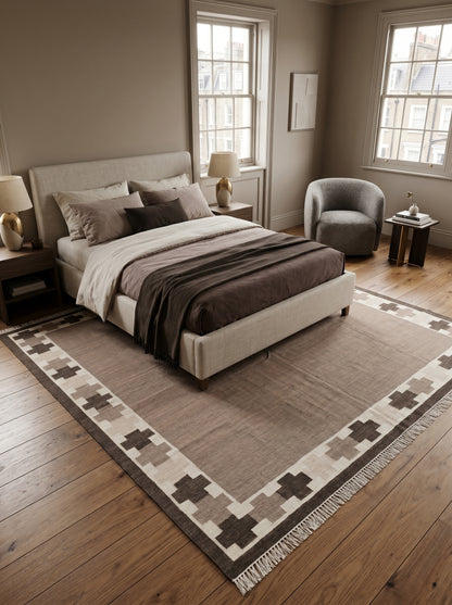 Taupe Brown Minimalist Area Rug, Espresso Geometric Cross Border Dhurrie