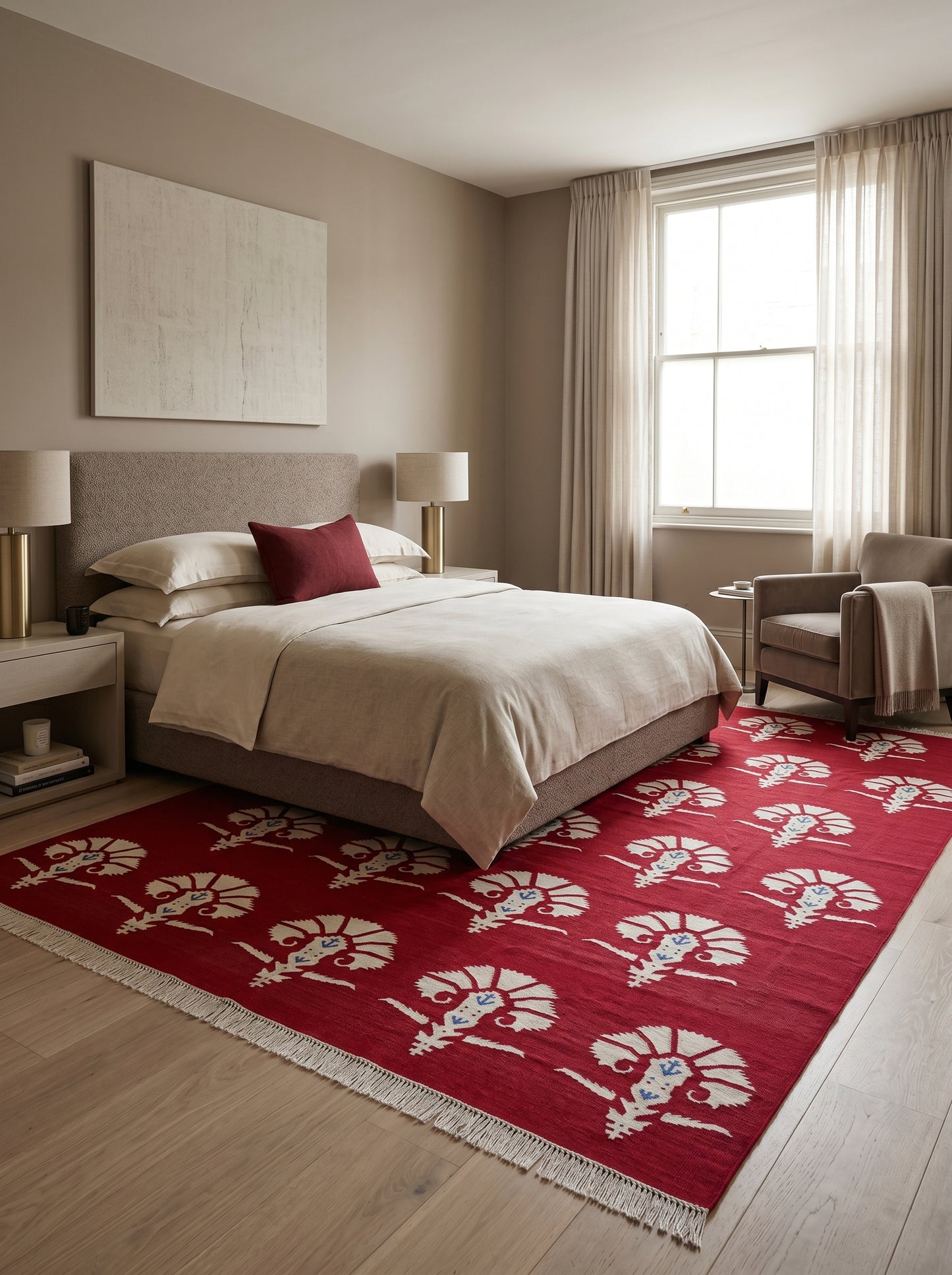 Red Mughal Floral Area Rug Traditional Carnation Motif Dhurrie Carpet
