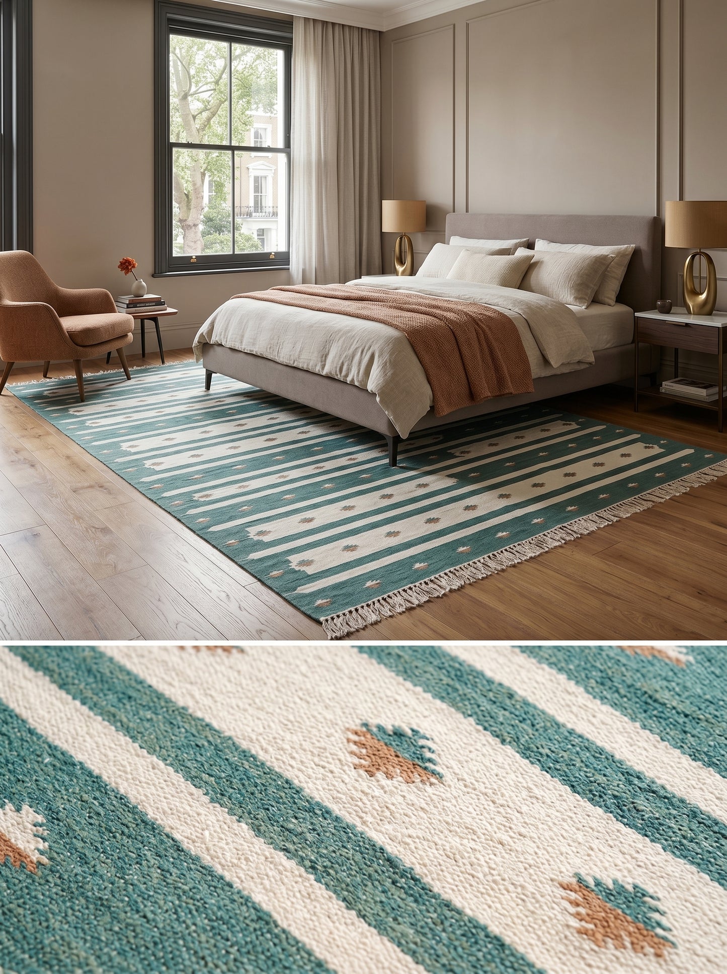 Teal Horizon Handwoven Cotton Flatweave Dhurrie Rug