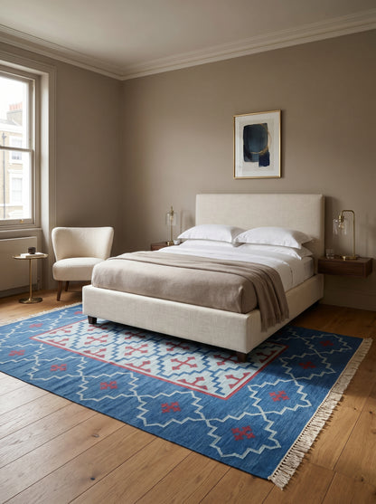 Cobalt Blue Flat Weave Carpet, Southwestern Eye Dazzler Lodge Dhurrie Rug
