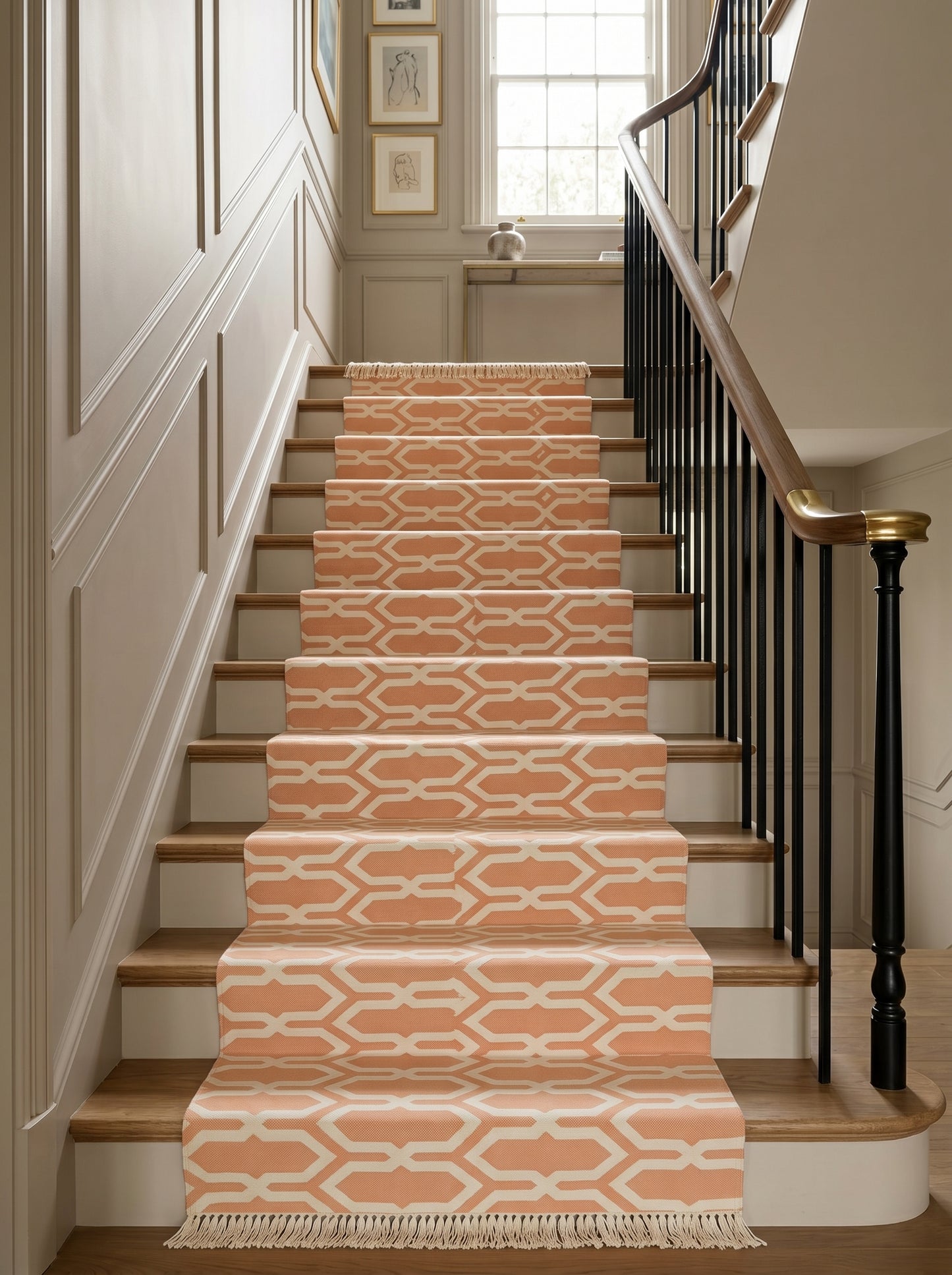 Camel Beige Geometric Area Rug, Modern Interlocking Trellis Dhurrie