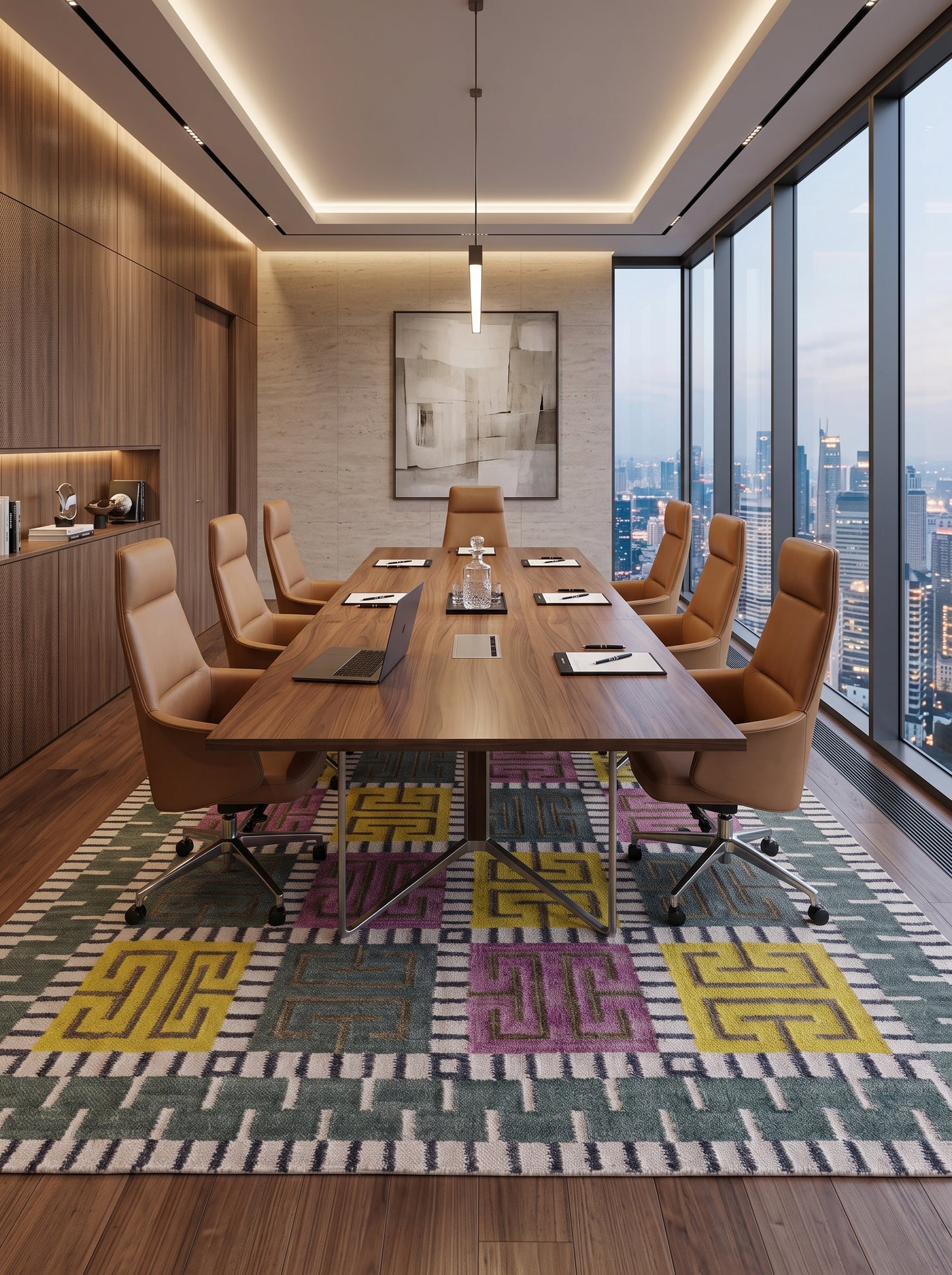 Greek Key Color-Block Matrix - Modern Yellow & Purple Wool Cotton Dhurrie Rug
