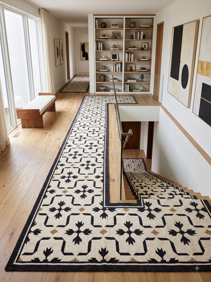 Marrakech Geometric Wool Runner Rug Handmade Ivory Black Hallway Runne