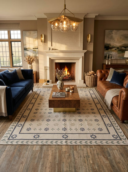 Nordic Navy Rosette Heritage Elegant Chevron Vine Border Flatweave rug