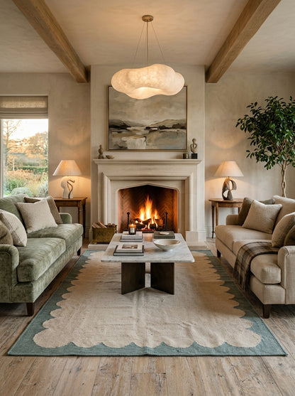 Seafoam Scallop Frame Scalloped Border Flatweave Area Rug