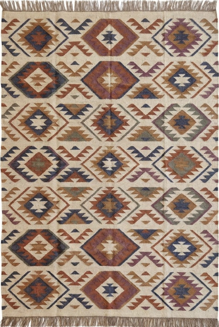 Beige and Earthy Tones Handwoven Kilim-Style Rug