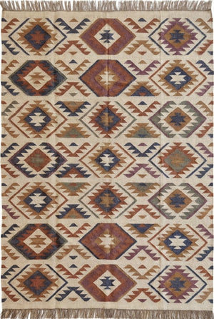 Beige and Earthy Tones Handwoven Kilim-Style Rug