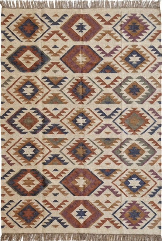 Beige and Earthy Tones Handwoven Kilim-Style Rug