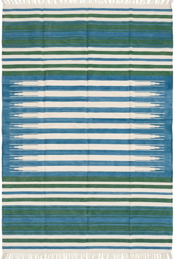 Handmade Coastal Blue & Forest Green Striped Rug