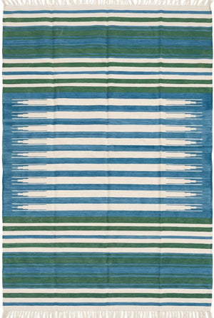 Handmade Coastal Blue & Forest Green Striped Rug