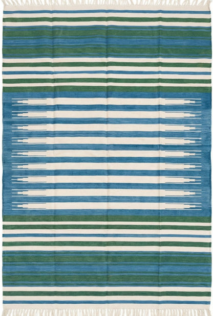 Handmade Coastal Blue & Forest Green Striped Rug