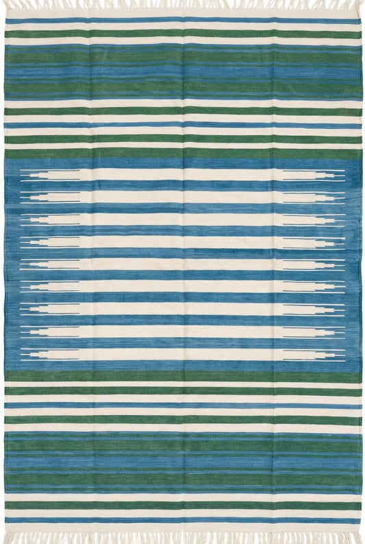 Handmade Coastal Blue & Forest Green Striped Rug