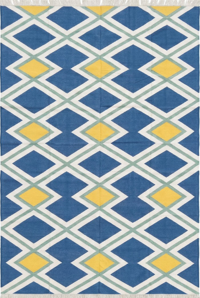 Modern Azure & Canary Yellow Geometric Cotton Flatweave Rug