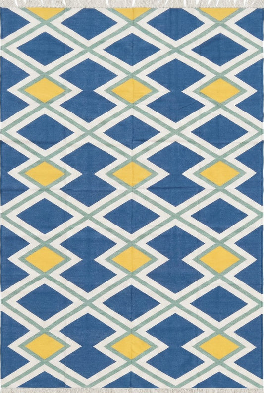 Modern Azure & Canary Yellow Geometric Cotton Flatweave Rug