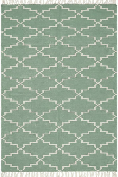 Geometric Zen Trellis Sage Stepped Diamond Cotton Flatweave Rug