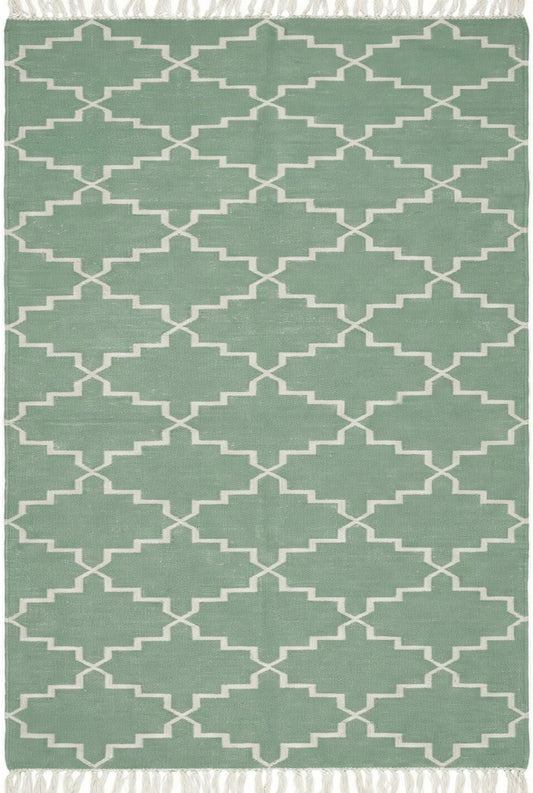 Geometric Zen Trellis Sage Stepped Diamond Cotton Flatweave Rug