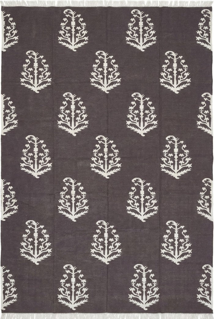Charcoal & Ivory Botanical Buta cotton flat weave rug