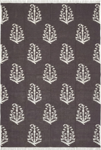 Charcoal & Ivory Botanical Buta cotton flat weave rug