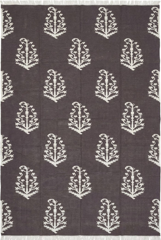Charcoal & Ivory Botanical Buta cotton flat weave rug