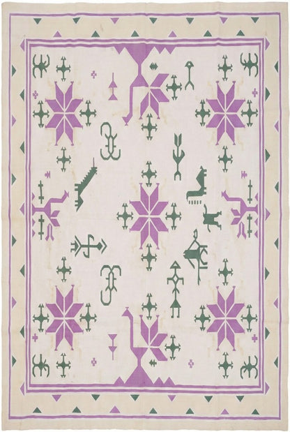 Lavender & Green Tribal Folk Motif Kilim - Traditional Star Pattern Dhurrie