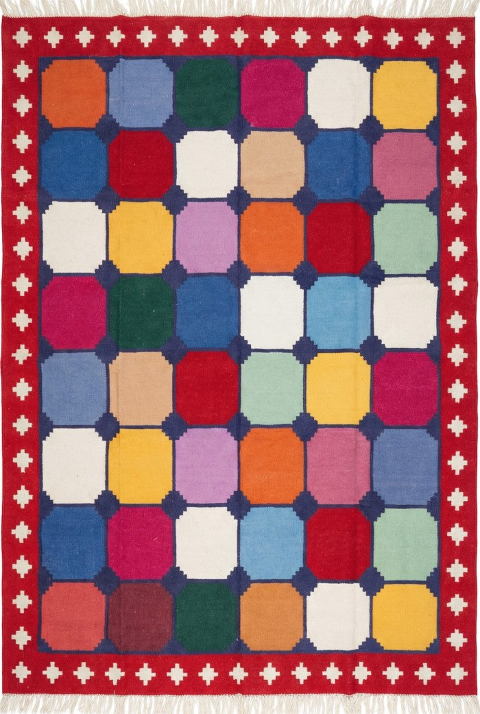 Multicolor Patchwork Geometric Kilim - Vibrant Rainbow Dhurrie