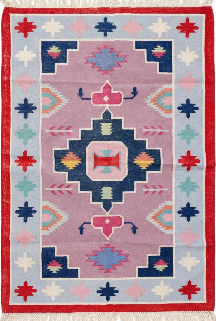 Southwestern Tribal Kilim - Pastel Pink & Blue Aztec Medallion Dhurrie