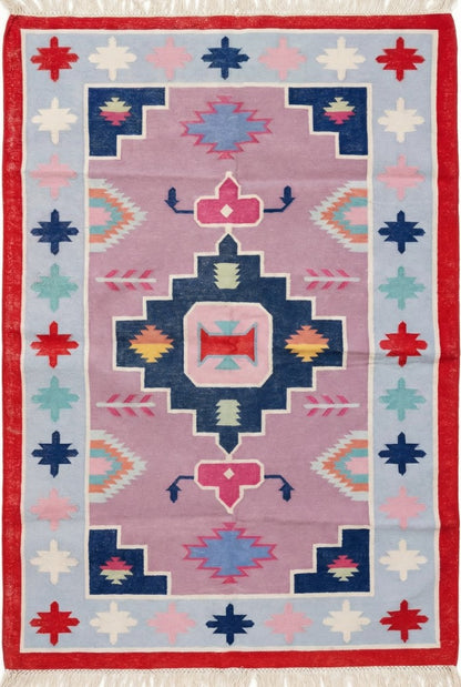 Southwestern Tribal Kilim - Pastel Pink & Blue Aztec Medallion Dhurrie