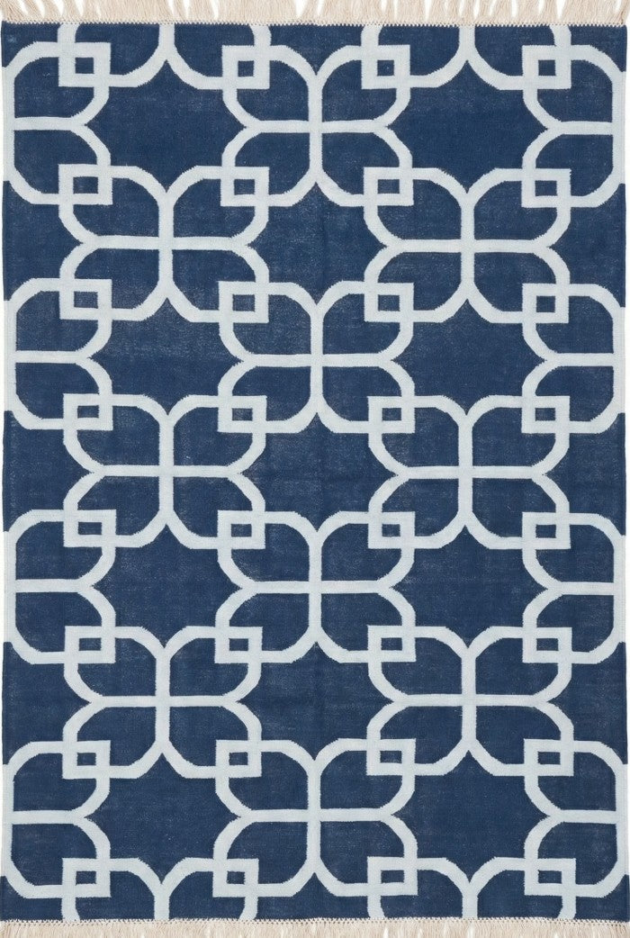 Nautical Navy Trellis Hand-Woven Petal Lattice Dhurrie